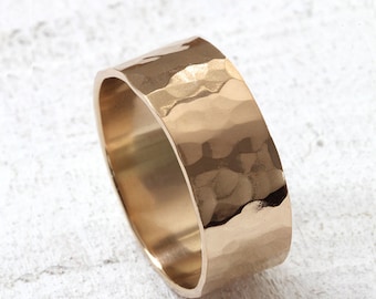 Wide gold hammered band 14k gold hammered wedding band