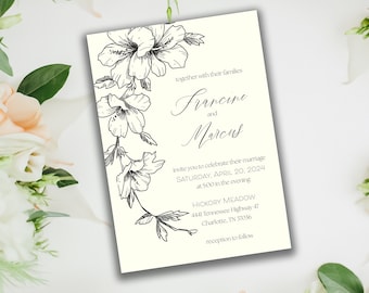 Ivory Wedding Invitations Printed with Envelopes and Optional QR Code RSVP | Classic Invitations with Florals | Thick Luxe Cardstock Invites