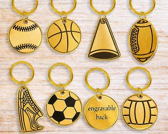 Personalized Sports Brass Keychain – Custom Engraved Back – Baseball Basketball Soccer Football Cheer Volleyball