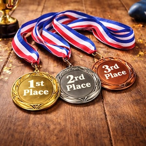 Può includere: Tre medaglie con nastri a righe rosse, bianche e blu, che rappresentano il 1°, 2° e 3° posto. Le medaglie d'oro, d'argento e di bronzo sono su una superficie di legno, con un trofeo sullo sfondo. Le medaglie sono rotonde.