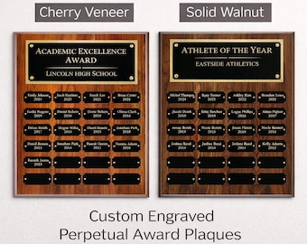 Custom Engraved Perpetual Award Plaque | School, Team & Club Recognition | Solid Walnut or Cherry Veneer