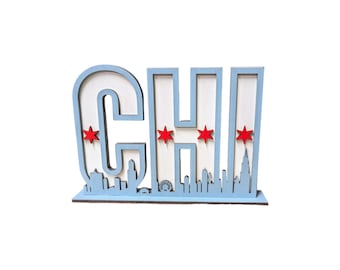 Chicago Skyline Shelf Sign – Chi Town Wood Decor – Chicago Flag