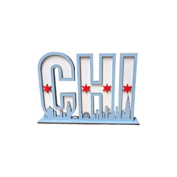 Chicago Skyline Shelf Sign – Chi Town Wood Decor – Chicago Flag