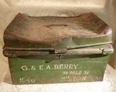 Vintage Distressed Weathered Tin Box Green Painted Deed Box G EA Berry 36 Dale St Milnrow Rochdale 1940 39 s Ideal Prop Character Storage Box