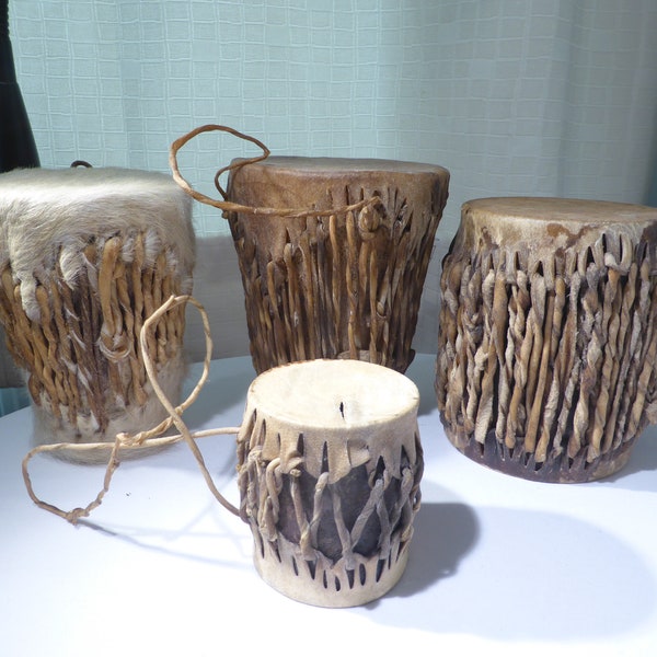 Vintage African Drums Group of Four Natural Materials Great Sound