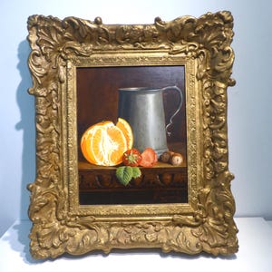 Philip Gerrard Oil Painting Signed Still Life Tankard and Fruit Rococo Gilt Frame