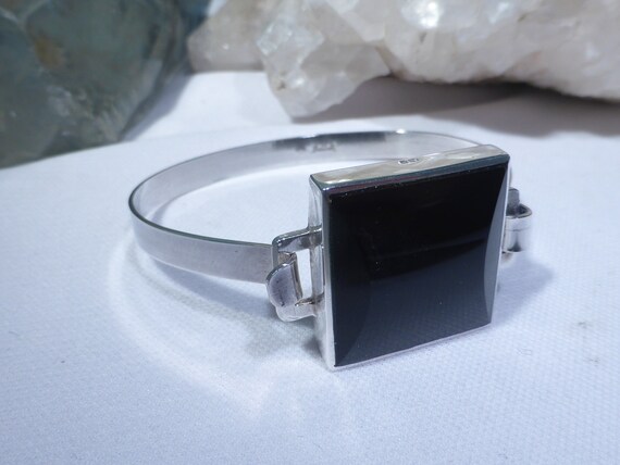 Solid Silver Bangle Black Onyx Square UK Hallmark… - image 3