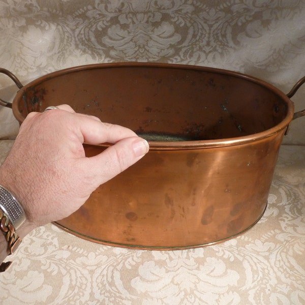 Character Antique Victorian Large Copper Planter Kitchen Pan Rivetted Brass Handles 15.5" Long Kitchenalia,Garden Indoor Outdoor Plant Pot