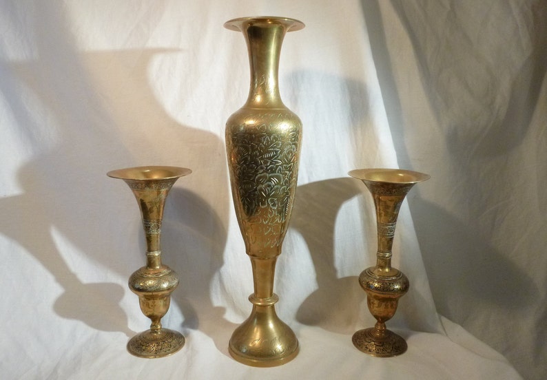 Vintage Large Ornate Asian Brass Benares Altar Vases X3 Etsy