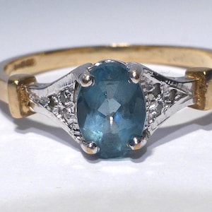 Blue Topaz Diamond 9ct Gold Ring 0.56ct UK Hallmark Size S in Gift Box