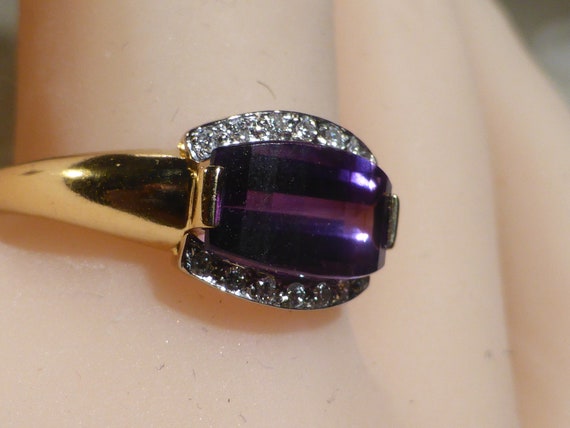 Vintage 18ct Gold Amethyst Baguette Diamond Ring … - image 6