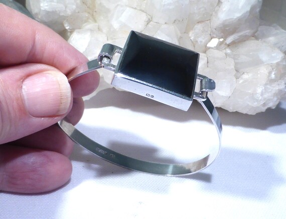 Solid Silver Bangle Black Onyx Square UK Hallmark… - image 2