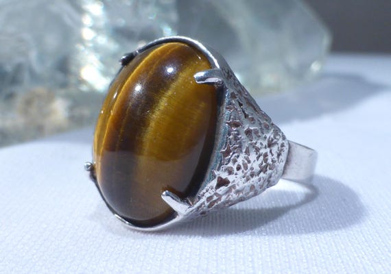 Solid Silver Tigers Eye Ring Hallmark Edinburgh 1… - image 6