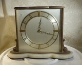 Mid Century Modernist British Made Onyx Marble Brass Mechanical Mantel Clock Narrow Slim Design Working Order 12 quot Collectible Shelf Clock