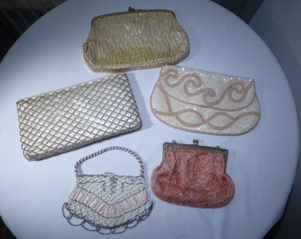 5 bolsos de embrague vintage monedero con lentejuelas checas y francesas perlas cinta rosa oro crema 1940s 1950s