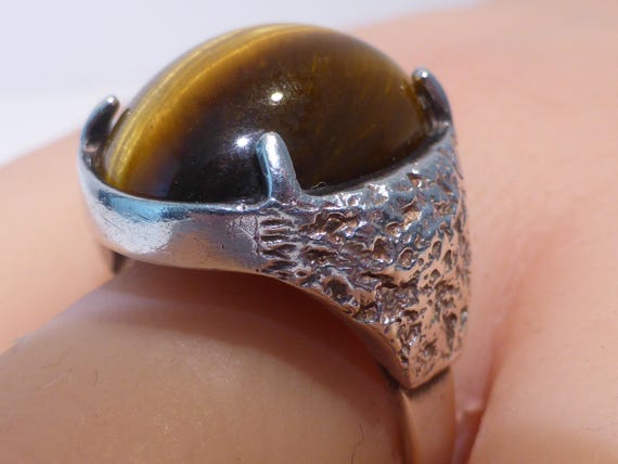 Solid Silver Tigers Eye Ring Hallmark Edinburgh 1… - image 2