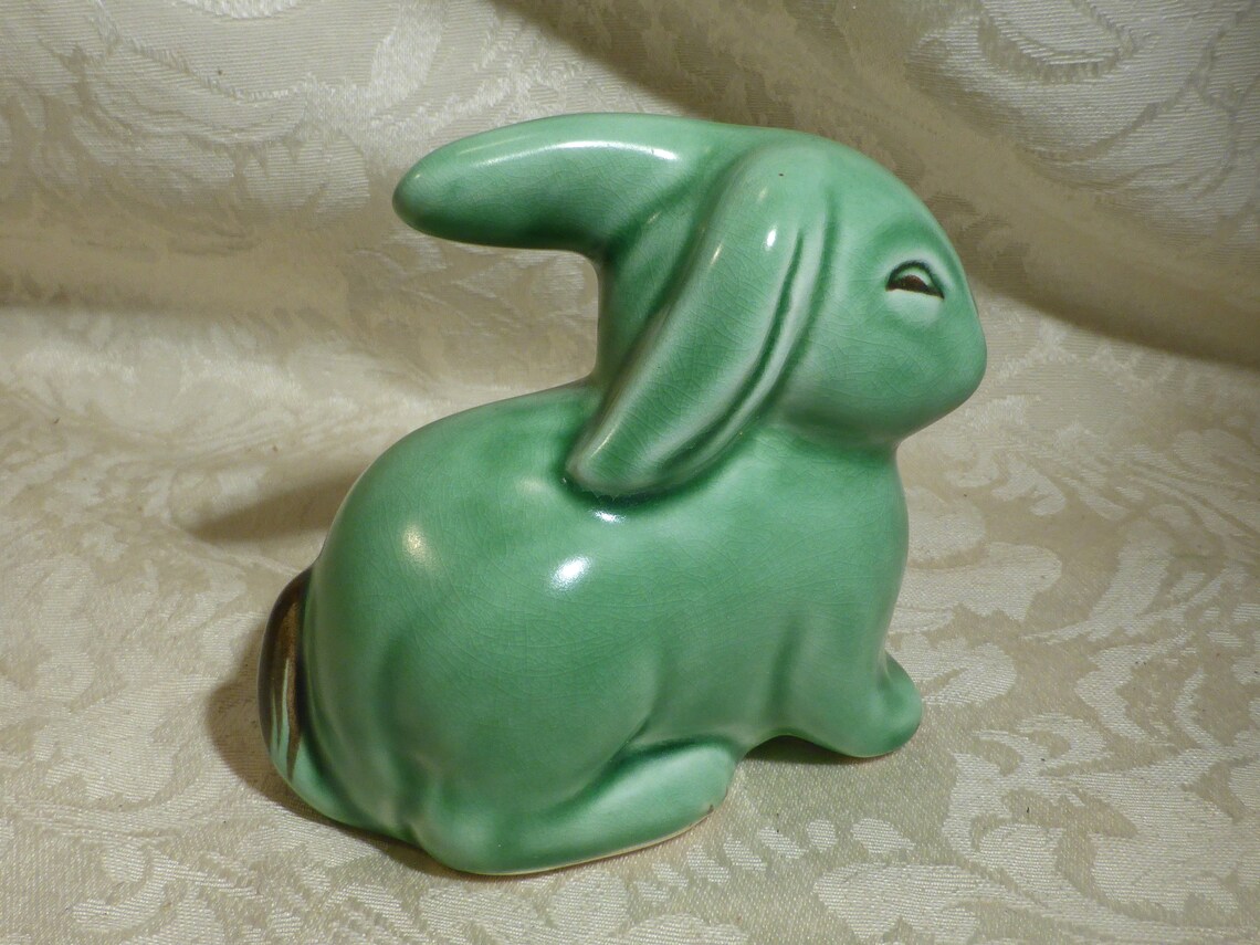 Vintage Green Pottery Bunny Rabbit Made in England One Ear Up Etsy