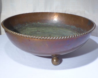 Arts and Crafts Dryad Copper Bowl 30A 9.5" Diameter on 3 Ball Feet Rope Twist Rim 685 grams