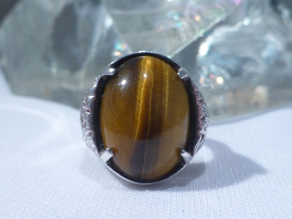 Solid Silver Tigers Eye Ring Hallmark Edinburgh 1… - image 9