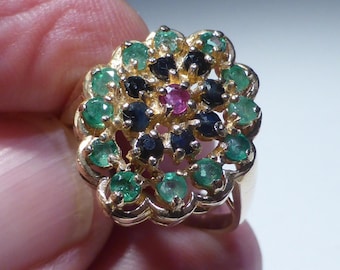 Emerald Sapphire Ruby Ring 9ct Gold 0.6ct UK Hallmark 9ct Size O 1/2 Boxed