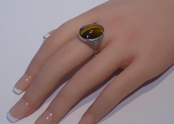 Solid Silver Tigers Eye Ring Hallmark Edinburgh 1… - image 18