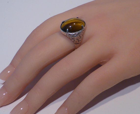 Solid Silver Tigers Eye Ring Hallmark Edinburgh 1… - image 15