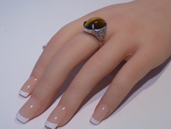 Solid Silver Tigers Eye Ring Hallmark Edinburgh 1… - image 3