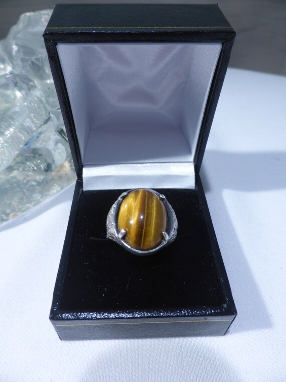 Solid Silver Tigers Eye Ring Hallmark Edinburgh 1… - image 20