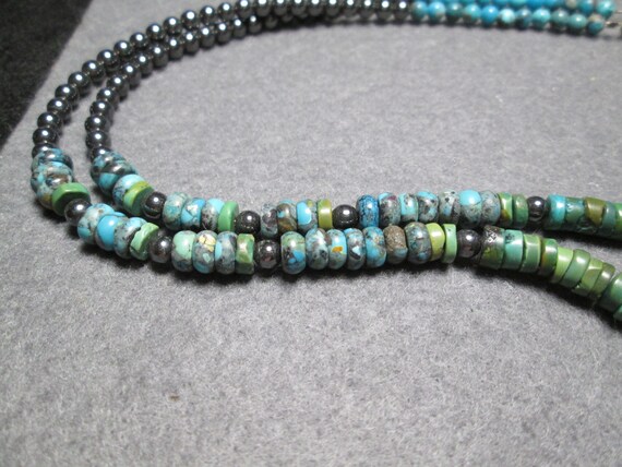 necklace, turquoise Heishi beads with Hematite an… - image 5