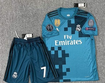 Ronaldo No. 7 Football Uniform 17-18 Real Madrid Blue Jersey - Short Sleeve Suit, Second Away Fan Jersey Set - Perfect Gift