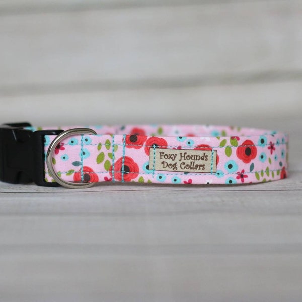 Poppies on Pink Dog Collar &/or Leash,  Floral Dog Collar, Adjustable, Handmade, 5 Sizes