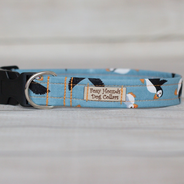 Puffins Dog Collar, Handmade, Adjustable, Buckle