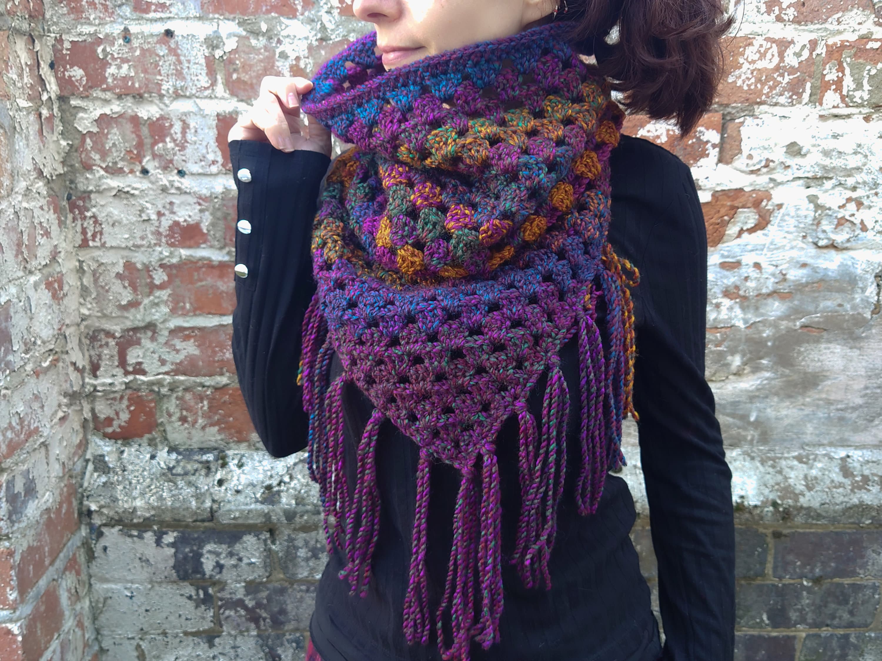 Crochet scarf with fringes  . Women's scarf .Colorful scarf . Tri…