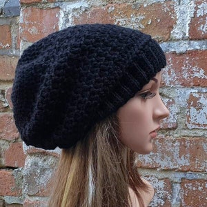 Slouchy beanie . Black  beanie , crochet beanie hat .  Women's  beanie hat . Slouch beanie . Crochet hat . Winter hat.