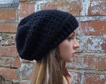 Slouchy beanie . Black  beanie , crochet beanie hat .  Women's  beanie hat . Slouch beanie . Crochet hat . Winter hat.