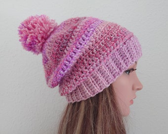 Pink beanie . Pom pom hat . Winter beanie . Crochet beanie hat . Festival beanie . Ribbed beanie .Hat with bobble , hat with pom pom