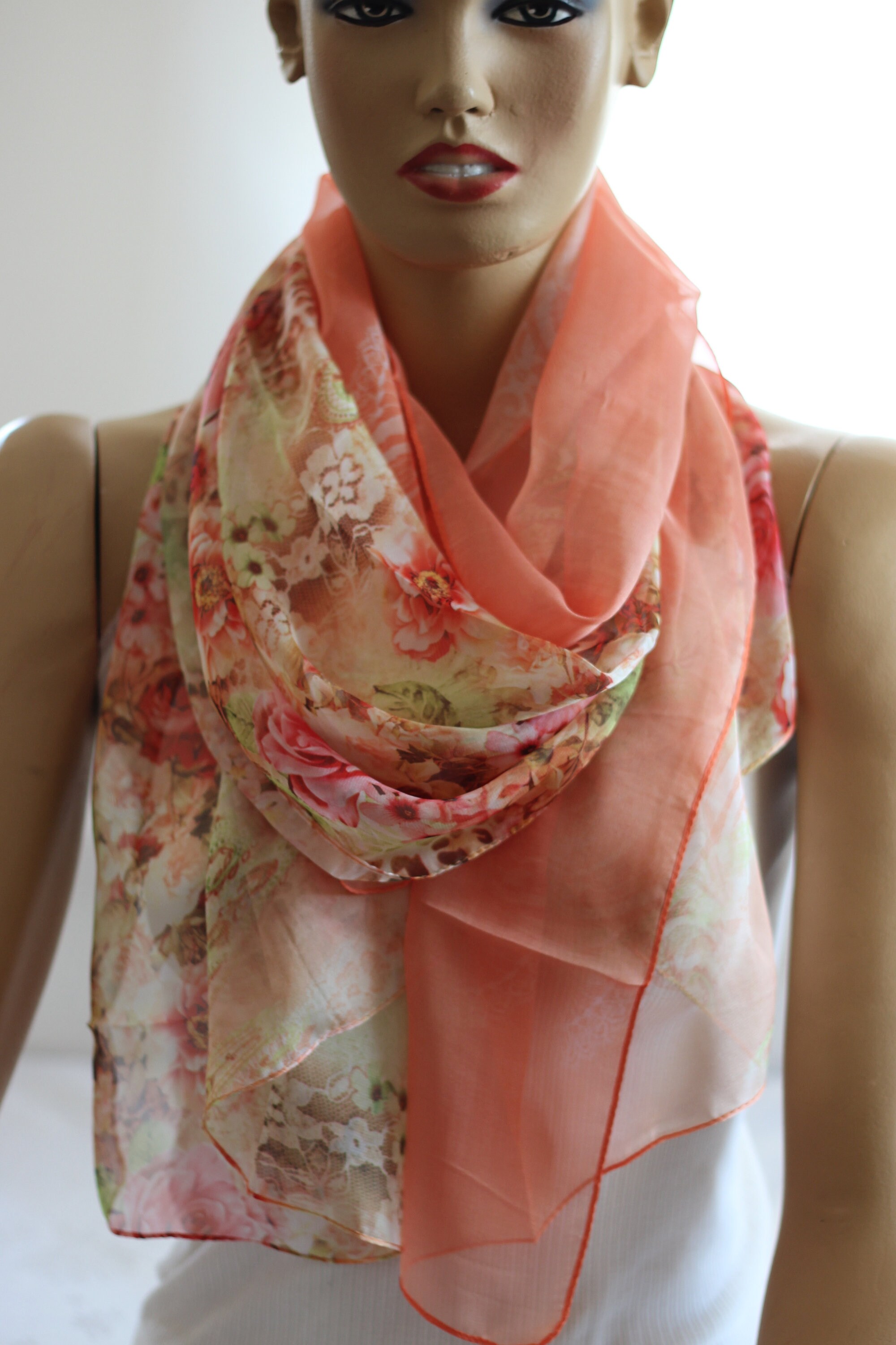 coral floral shawl scarf coral flowering shawl for her women Etsy