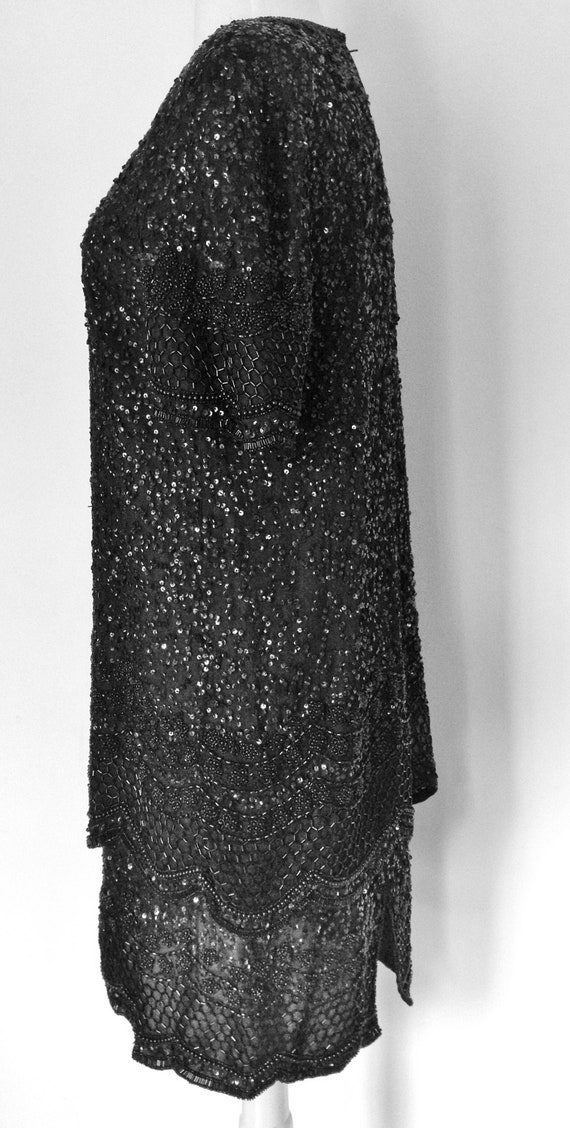 Sequined and beaded dress -  Black sequins over b… - image 3