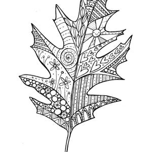 May include: Black and white line art illustration of a leaf with intricate patterns. The leaf design includes geometric shapes, spirals, hearts, and floral elements. The artist's name, "REBECCA HARBOTTLE ART", is in the bottom right corner.