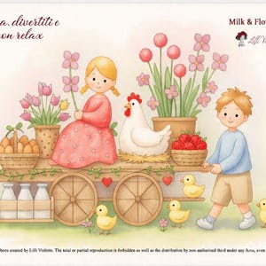 以下が含まれることがあります： Lilli Violetteによる「Milk & Flowers」というタイトルの水彩画イラスト。木製の荷車、ピンクのドレスを着た金髪の子供、白い鶏、青いシャツを着た子供、鉢植えのピンクの花、卵とイチゴが入った籠、そして牛乳瓶が描かれています。