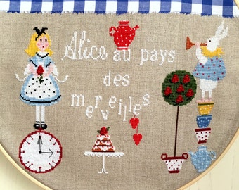 Puede incluir: Arte de bordado en forma de aro con personajes de Alicia en el País de las Maravillas. Alicia está de pie sobre un reloj, el Conejo Blanco sostiene una trompeta, y hay una tetera, un pastel y un árbol con manzanas rojas. El texto dice "Alicia en el País de las Maravillas".