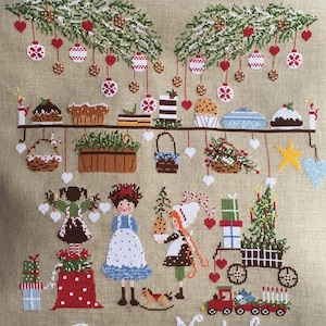 Könnte beinhalten: Kreuzstichmuster mit einer Winterszene mit einem Regal voller Weihnachtsleckereien, zwei Mädchen, einem Wagen mit einem Weihnachtsbaum und einem Zug. Der Text "Buon Natale" ist unten auf dem Muster gestickt.