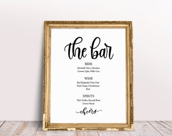 wedding bar menu, list of alcohol for reception, wedding bar list, wedding bar sign, printable bar sign, the bar sign, alcohol sign