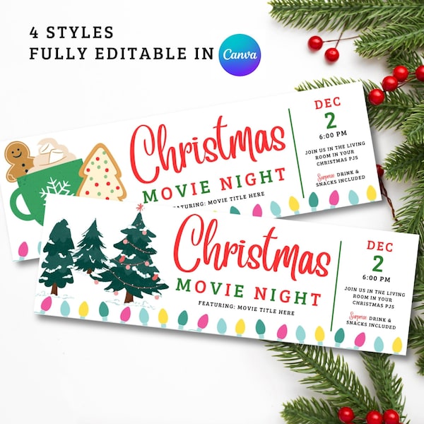 Christmas Movie Night Tickets, Digital Movie Night Ticket, Printable Christmas Movie Night Ticket, Editable Christmas Movie Night Ticket