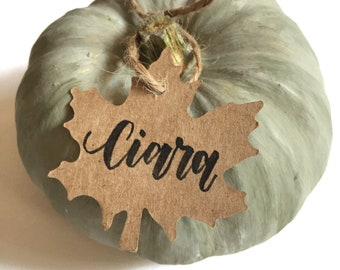May include: A pale sage green pumpkin with a natural brown twine loop tied around its stem. Attached to the twine is a brown kraft paper tag shaped like a maple leaf, featuring the name Ciara written in elegant black cursive calligraphy.