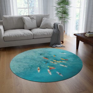 Round rug living room. Beach house rug living room. Beach throw rug. Beach house decor. Surfer rug bedroom. Surfer rug living room.