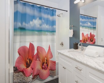 Hawaiian Flower Surfer Shower Curtains for Beach House Bathroom Decor. Beach lover gift. Beach Life home decor.  Hibiscus Flower Decor.