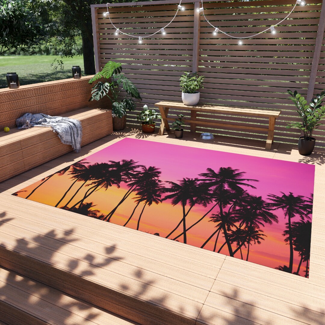 Sunset Palm Tree Outdoor Rug. Beach House Outdoor Rug, Surf Shack Out