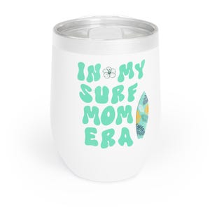 Stainless Steel Wine Tumbler, Surfing Mom Beach Design, Insulated Stemless Cup, 12oz, Hot Cold Drinks,