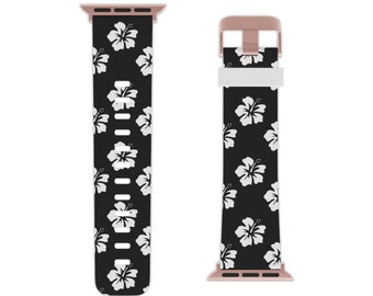 Black Hibiscus Hawaiian Summer Beach Watch Band for Apple Watch. Summer Vibe Apple Watch Band. Surfer Style Apple Watch Band.